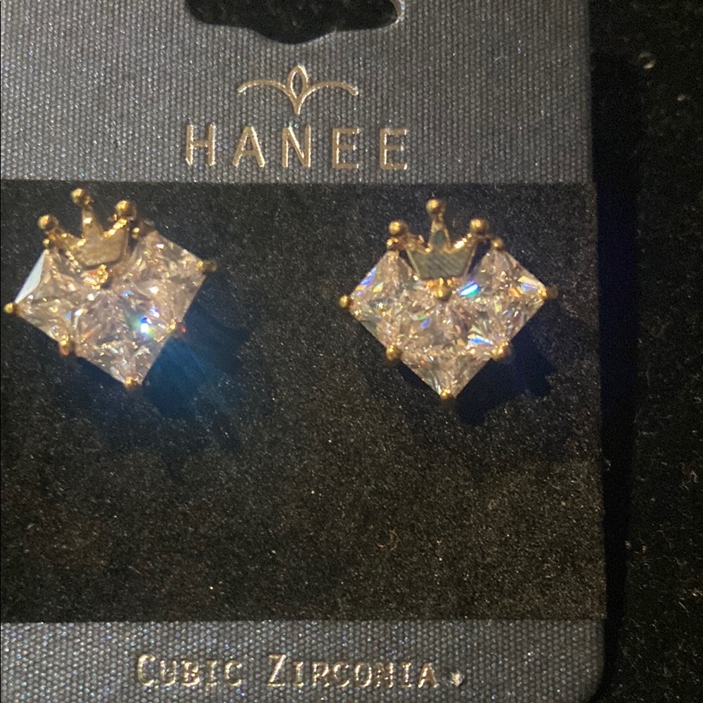Hanee Gold Crown Cubic Zirconia Earrings - Picture 2 of 2